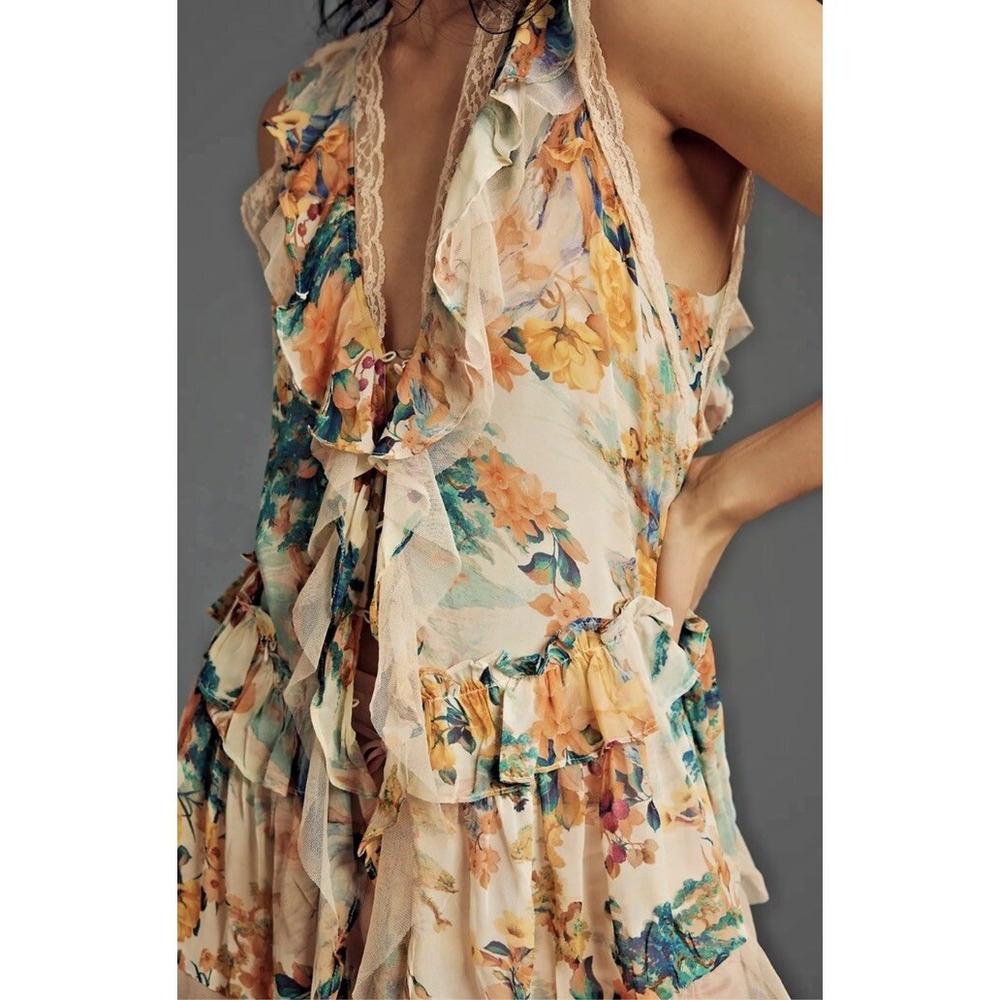 Anthropologie Floral Ruffle Blouse - Cream and Orange